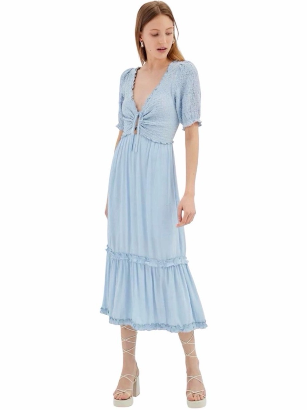 Urban Outfitters Gauzy Blue V-Neck Boho Cottagecore Midi Dress Size Medium